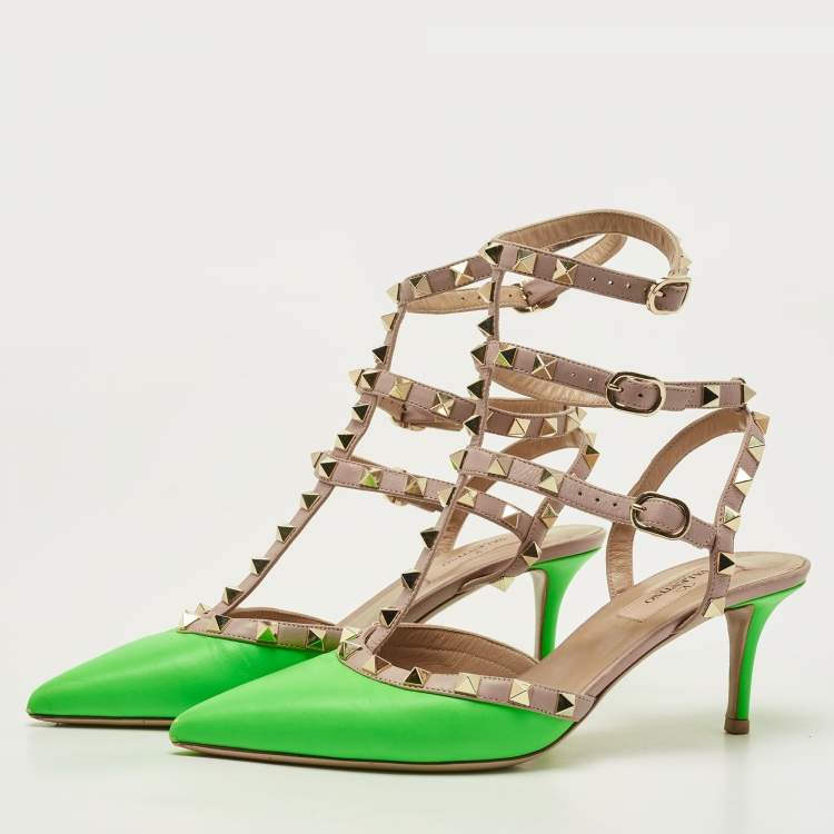 Pre Owned Valentino Neon Green/Dusty Pink Leather Rockstud Ankle Strap Pumps Size 37