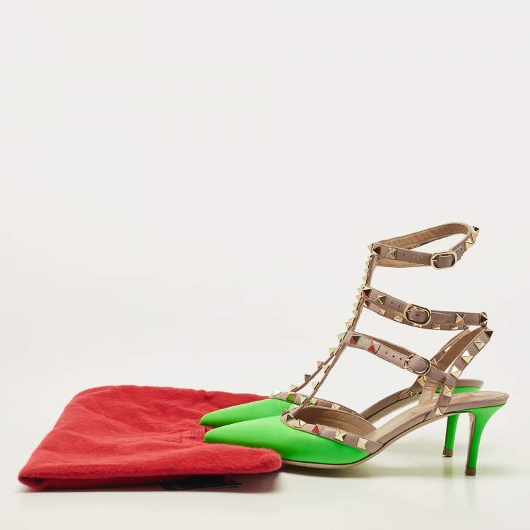 Pre Owned Valentino Neon Green/Dusty Pink Leather Rockstud Ankle Strap Pumps Size 37