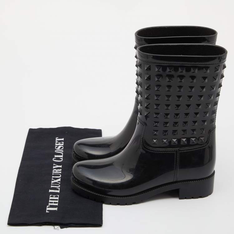 Pre Owned Valentino Black Rubber Rockstud Rain Boots Size 37