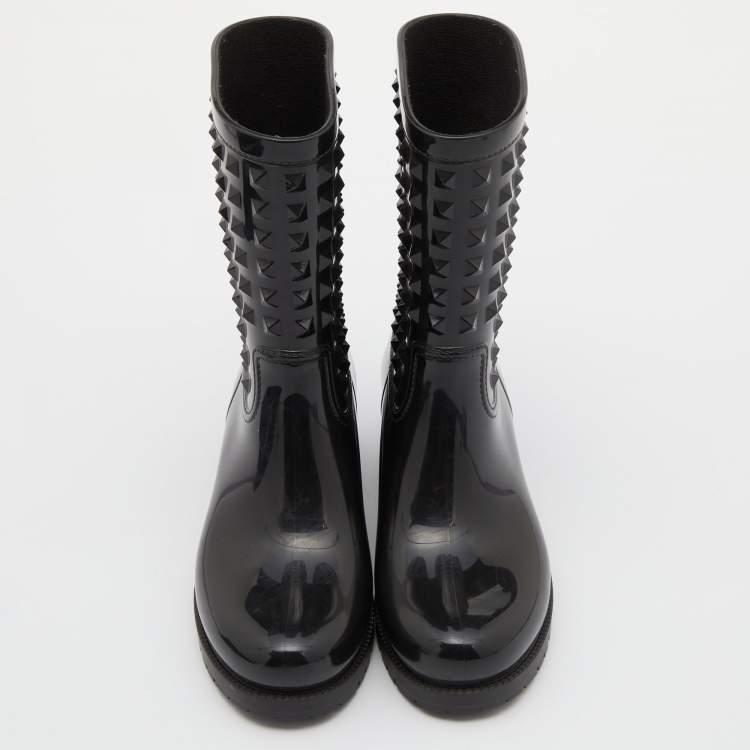 Pre Owned Valentino Black Rubber Rockstud Rain Boots Size 37