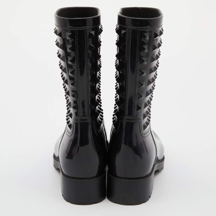 Pre Owned Valentino Black Rubber Rockstud Rain Boots Size 37