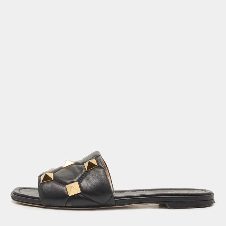 Pre Owned Valentino Black Leather Roman Stud Flat Slides Size 40