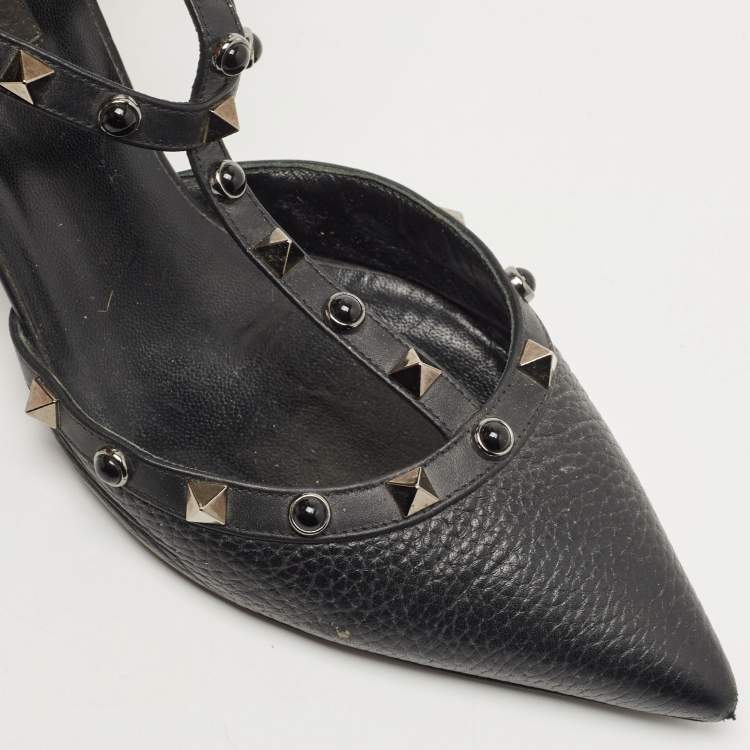 Pre Owned Valentino Black Leather Rolling Rockstud Ankle Strap Pumps Size 40