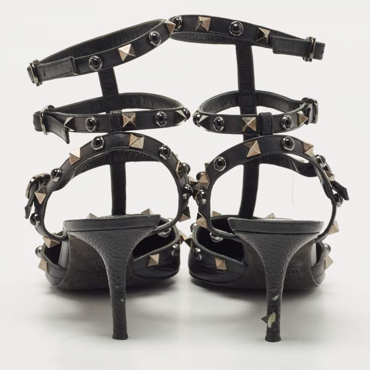 Pre Owned Valentino Black Leather Rolling Rockstud Ankle Strap Pumps Size 40