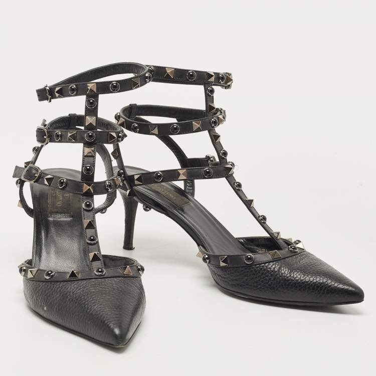 Pre Owned Valentino Black Leather Rolling Rockstud Ankle Strap Pumps Size 40