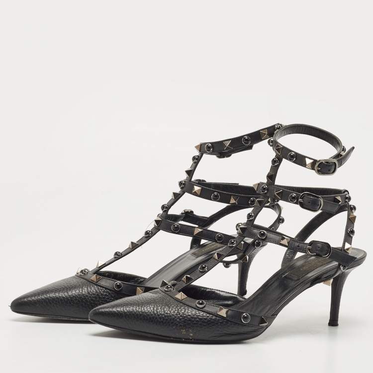 Pre Owned Valentino Black Leather Rolling Rockstud Ankle Strap Pumps Size 40