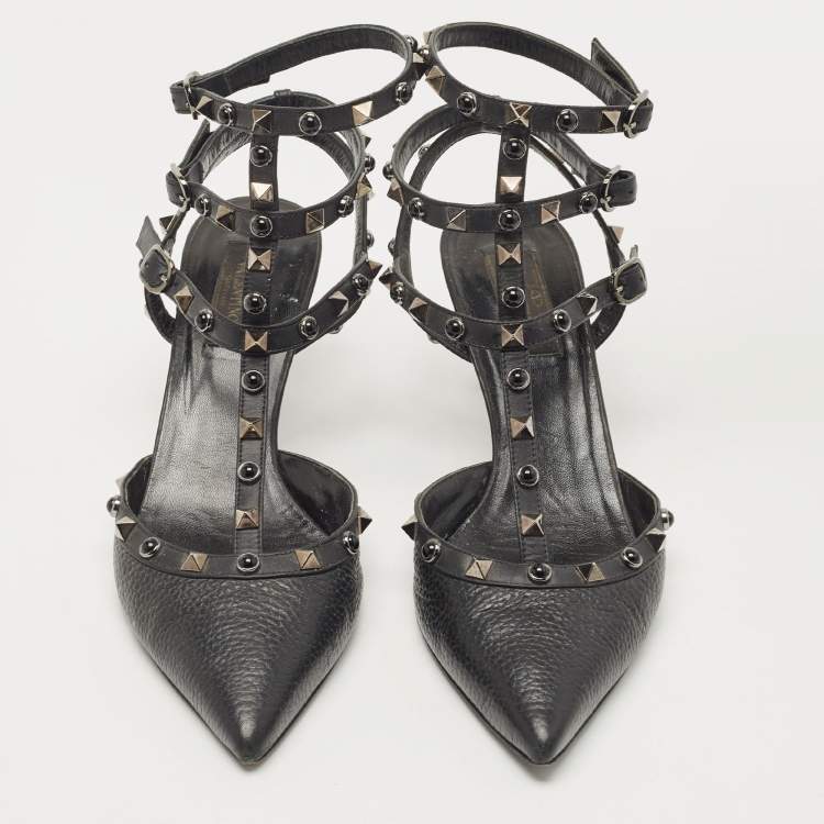 Pre Owned Valentino Black Leather Rolling Rockstud Ankle Strap Pumps Size 40