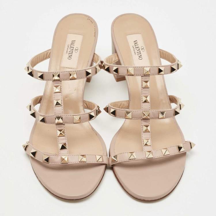 Pre Owned Valentino Beige Leather Rockstud Slide Sandals Size 40.5