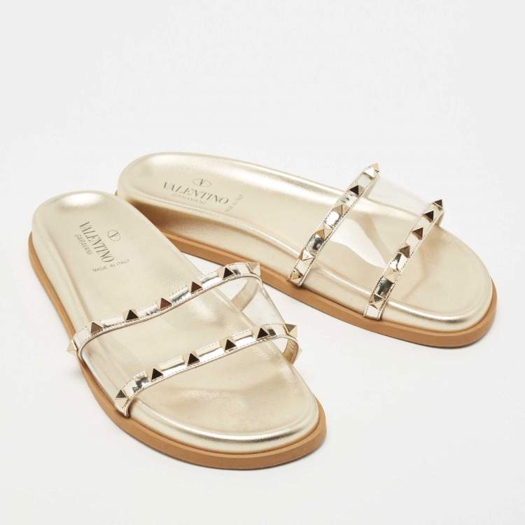 Pre Owned Valentino Gold Leather and PVC Rockstud Flat Slides Size 39