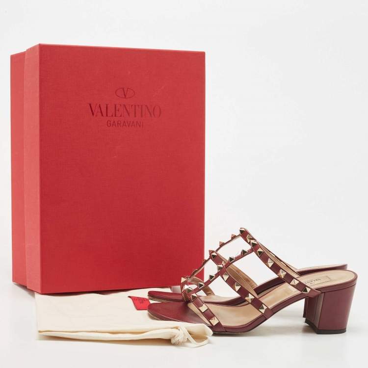 Pre Owned Valentino Burgundy Leather Rockstud Slide Sandals Size 39