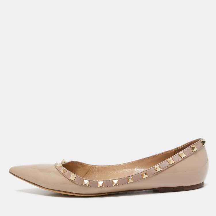 Pre Owned Valentino Beige Patent Leather Rockstud Ballet Flats Size 40.5
