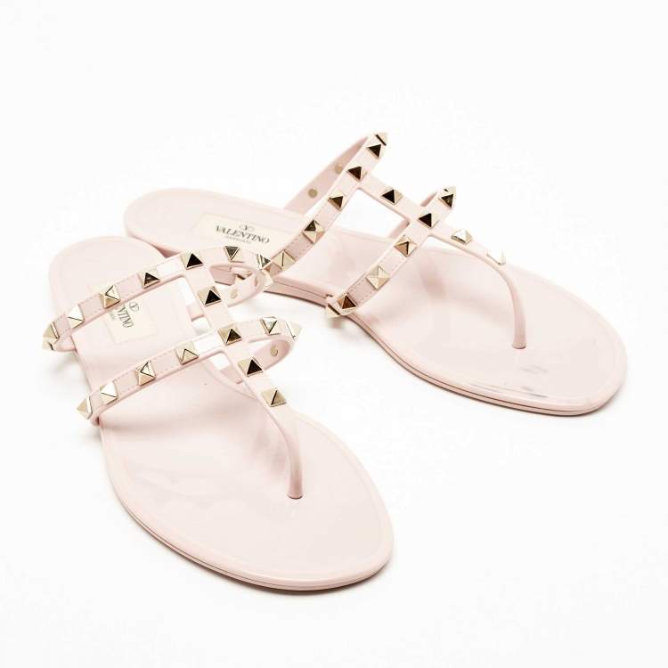Pre Owned Valentino Pink Rubber Rockstud Thong Flat Slides Size 39
