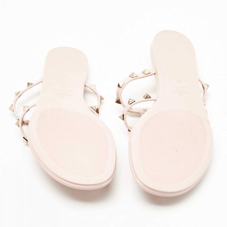 Pre Owned Valentino Pink Rubber Rockstud Thong Flat Slides Size 39