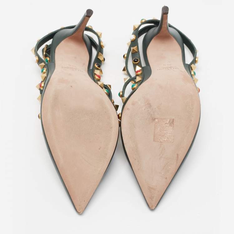 Pre Owned Valentino Dark Green Leather Rockstud Pumps Size 38.5