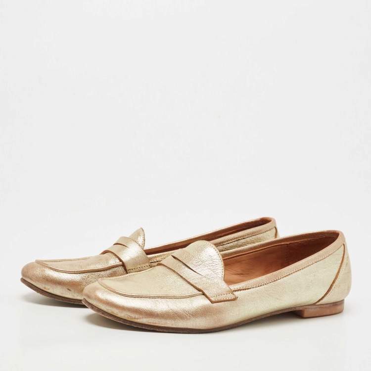 Pre Owned Valentino Gold Leather Penny Loafers Size 39