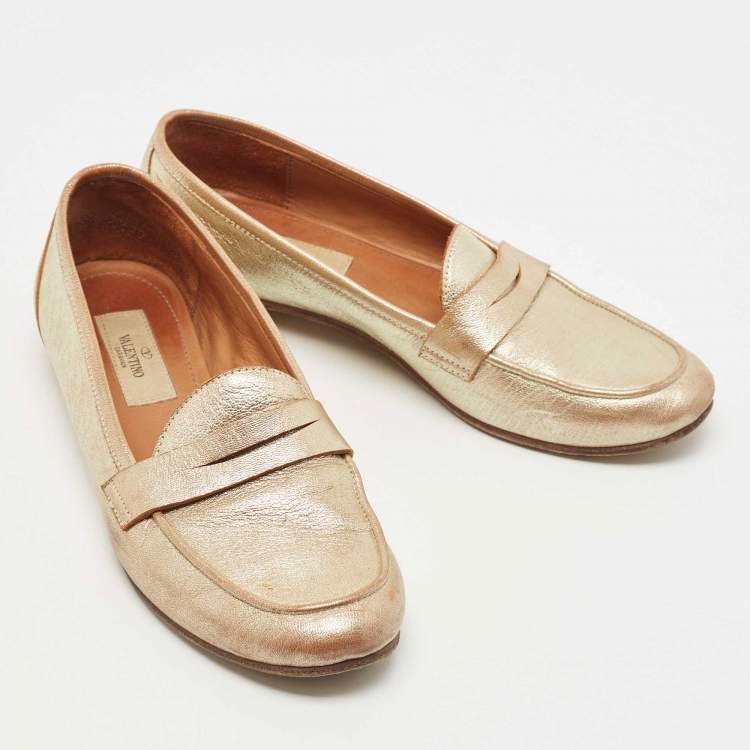 Pre Owned Valentino Gold Leather Penny Loafers Size 39