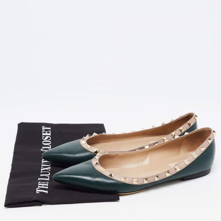 Pre Owned Valentino Dark Green/Dusty Pink Leather Rockstud Ballet Flats Size 39