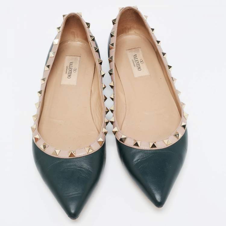 Pre Owned Valentino Dark Green/Dusty Pink Leather Rockstud Ballet Flats Size 39