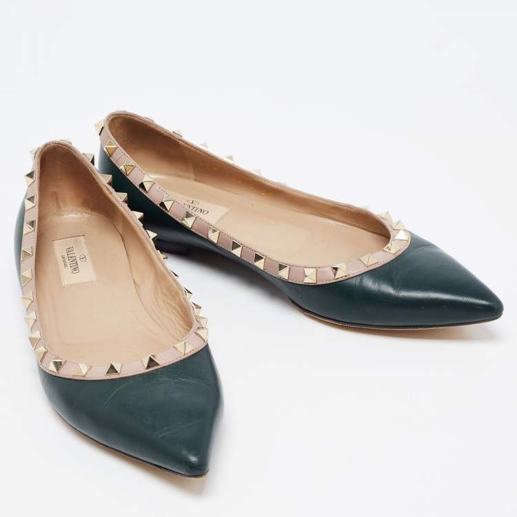 Pre Owned Valentino Dark Green/Dusty Pink Leather Rockstud Ballet Flats Size 39