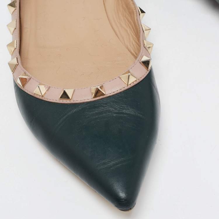 Pre Owned Valentino Dark Green/Dusty Pink Leather Rockstud Ballet Flats Size 39