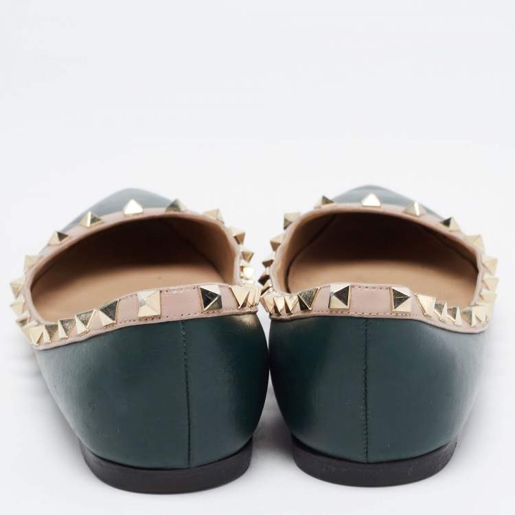 Pre Owned Valentino Dark Green/Dusty Pink Leather Rockstud Ballet Flats Size 39