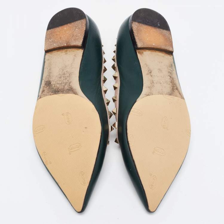 Pre Owned Valentino Dark Green/Dusty Pink Leather Rockstud Ballet Flats Size 39