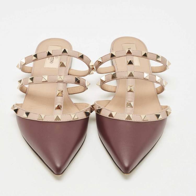 Pre Owned Valentino Burgundy/Beige Leather Rockstud Mules Size 39