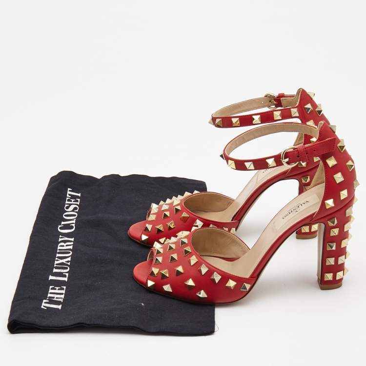 Pre Owned Valentino Red Leather Rockstud Ankle Strap Sandals Size 38