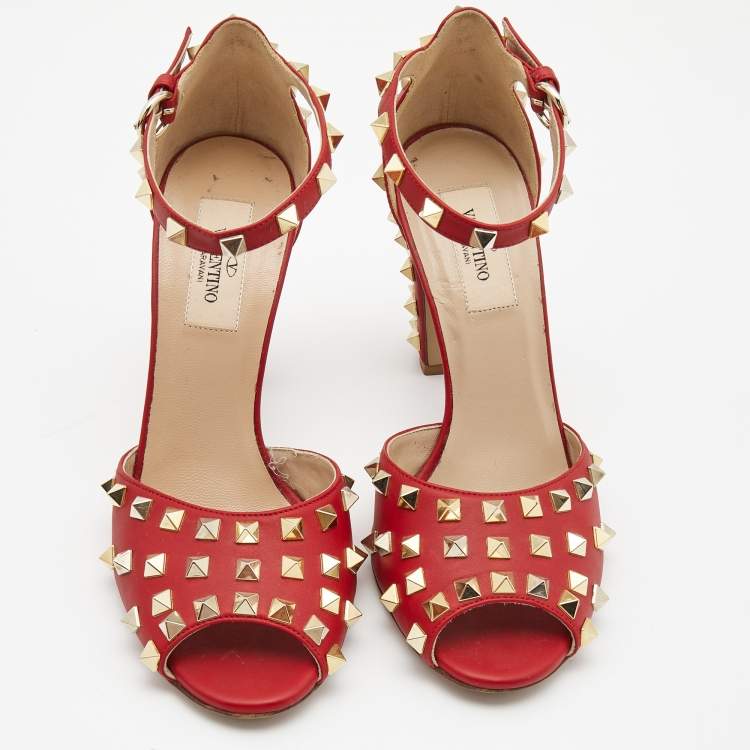 Pre Owned Valentino Red Leather Rockstud Ankle Strap Sandals Size 38