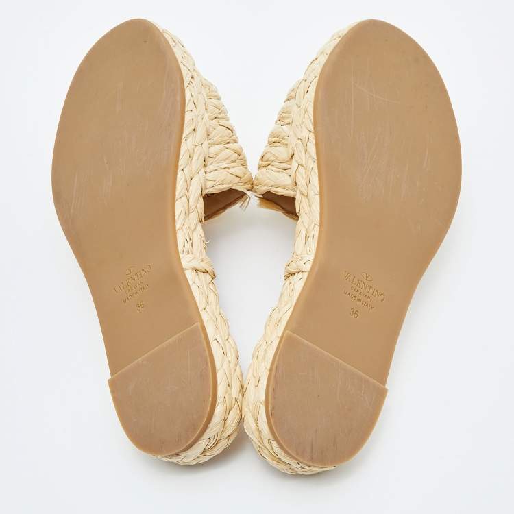 Pre Owned Valentino Beige Raffia Escape V logo Espadrille Flats Size 36