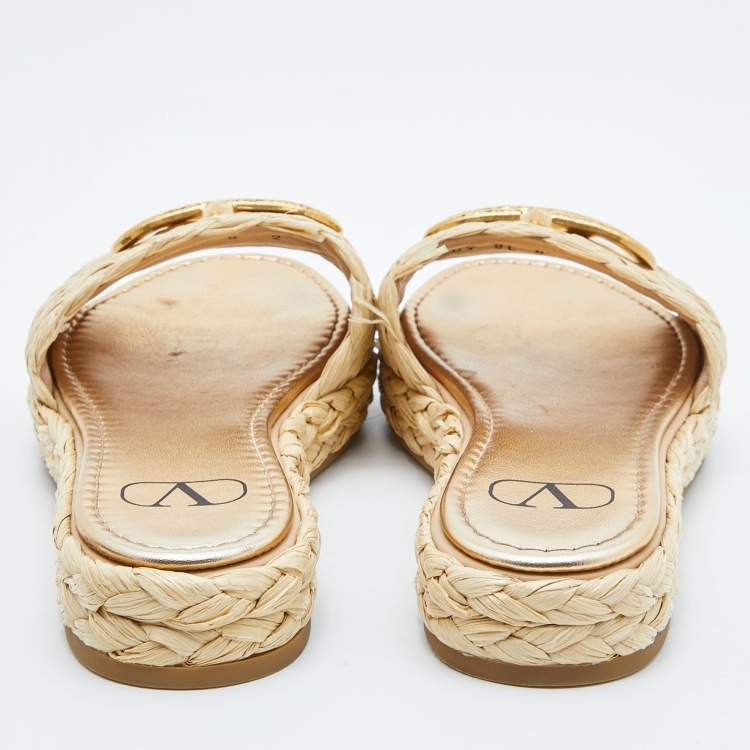 Pre Owned Valentino Beige Raffia Escape V logo Espadrille Flats Size 36