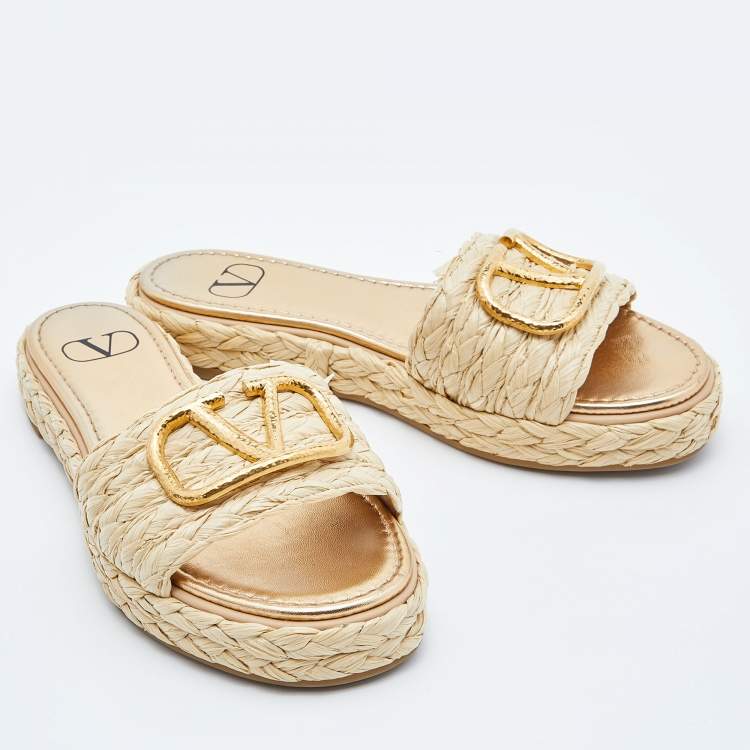 Pre Owned Valentino Beige Raffia Escape V logo Espadrille Flats Size 36