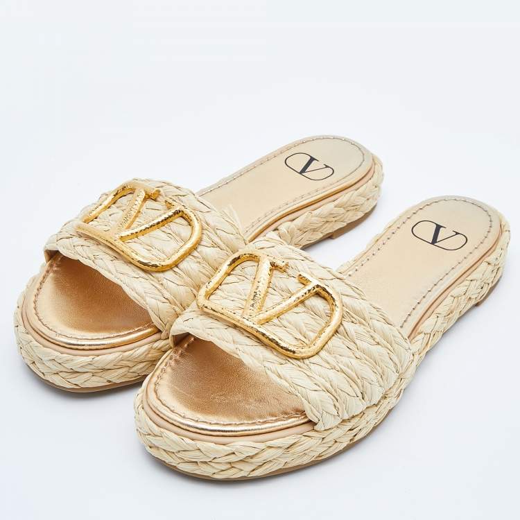 Pre Owned Valentino Beige Raffia Escape V logo Espadrille Flats Size 36