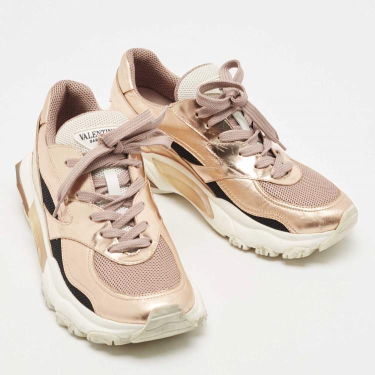 Pre Owned Valentino Rose Gold Leather Bounce Sneakers Size 38.5