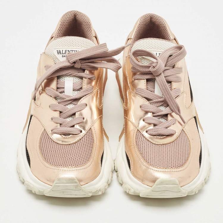 Pre Owned Valentino Rose Gold Leather Bounce Sneakers Size 38.5