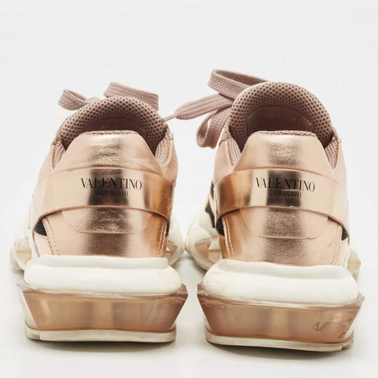 Pre Owned Valentino Rose Gold Leather Bounce Sneakers Size 38.5