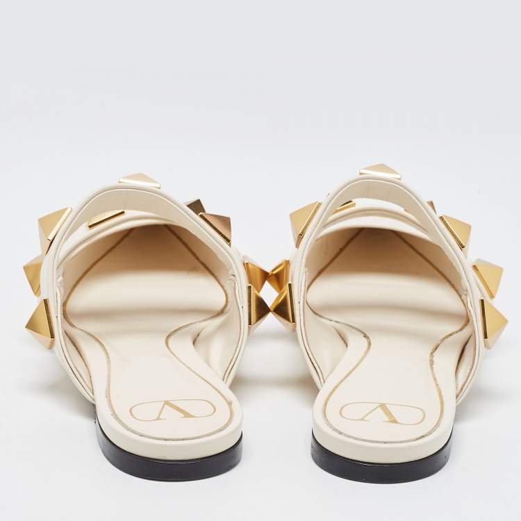 Pre Owned Valentino Cream Leather Roman Stud  Mules  Size 40