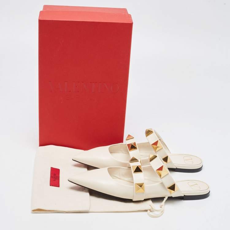 Pre Owned Valentino Cream Leather Roman Stud  Mules  Size 40