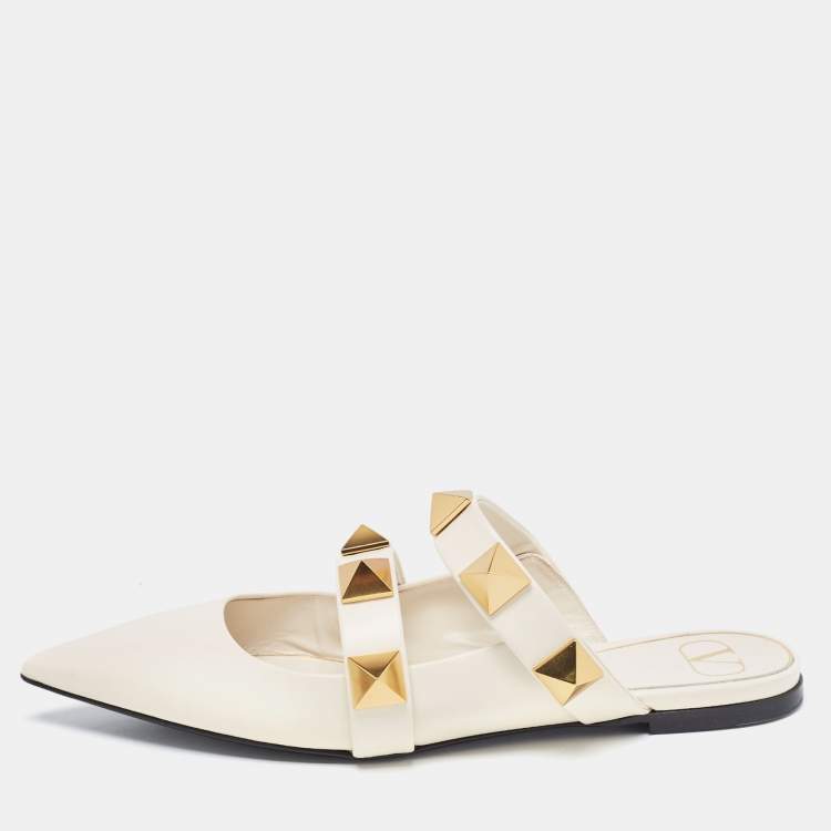 Pre Owned Valentino Cream Leather Roman Stud  Mules  Size 40