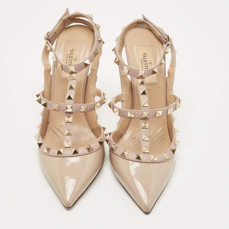 Pre Owned Valentino Beige Leather and Patent Rockstud Ankle Strap Pumps Size 39