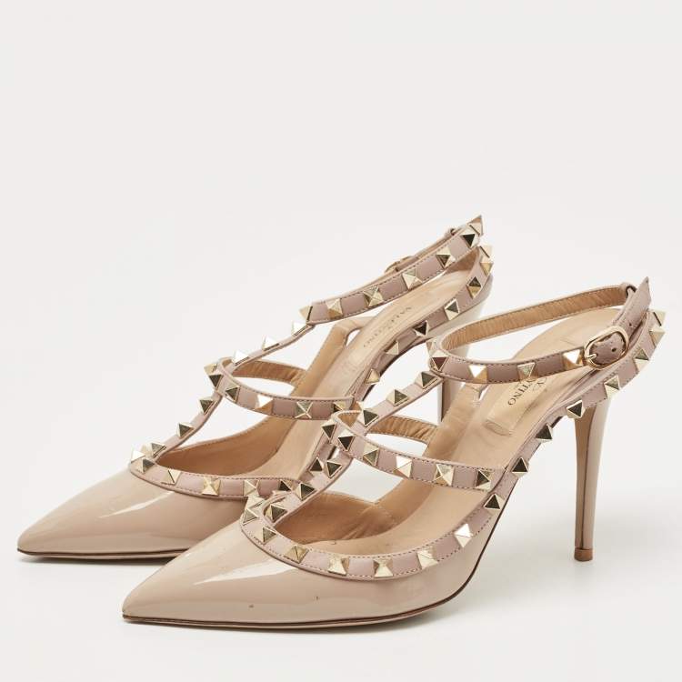 Pre Owned Valentino Beige Leather and Patent Rockstud Ankle Strap Pumps Size 39