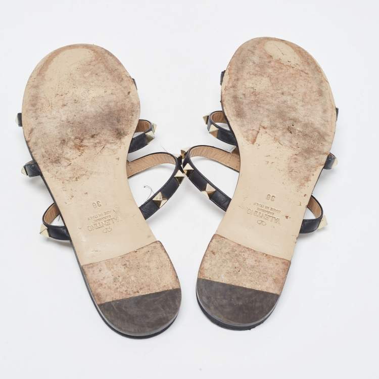 Pre Owned Valentino Black Leather Rockstud  Flat Slides Size 38