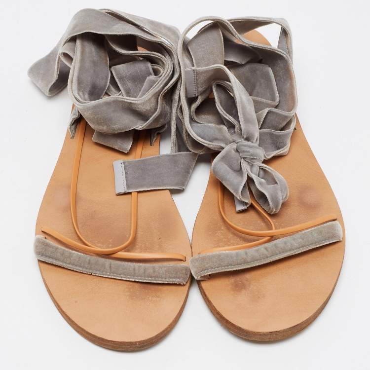 Pre Owned Valentino Grey Velvet Ankle Wrap Flat Sandals Size 37