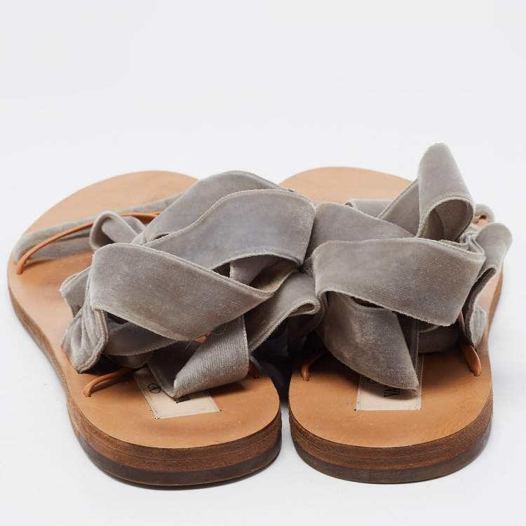 Pre Owned Valentino Grey Velvet Ankle Wrap Flat Sandals Size 37
