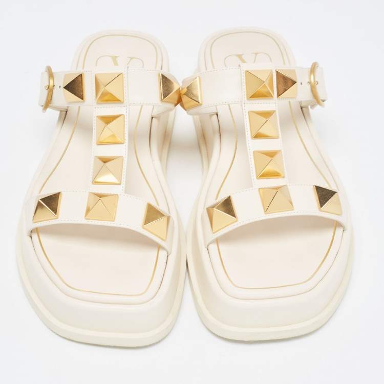 Pre Owned Valentino Cream Leather Roman Stud Flat Slides Size 36