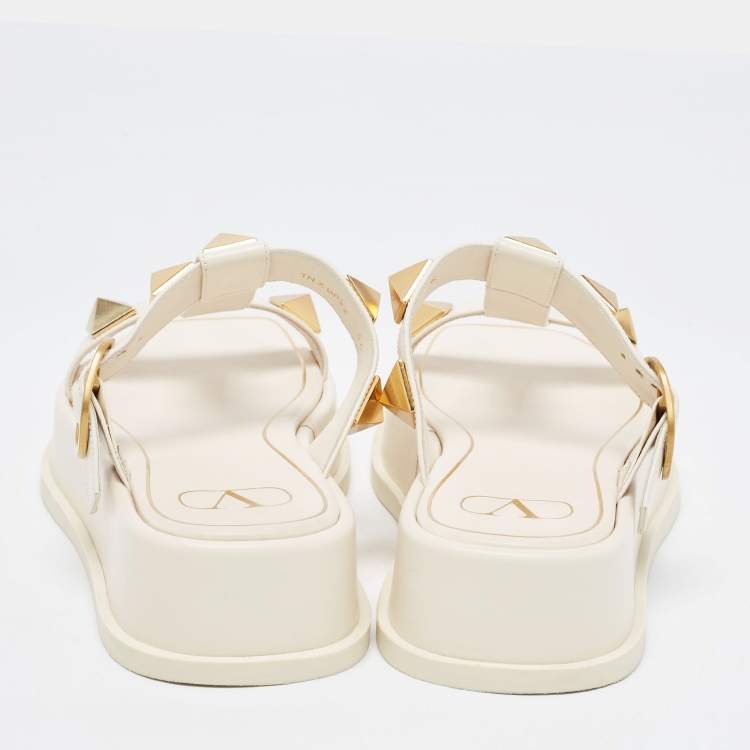 Pre Owned Valentino Cream Leather Roman Stud Flat Slides Size 36