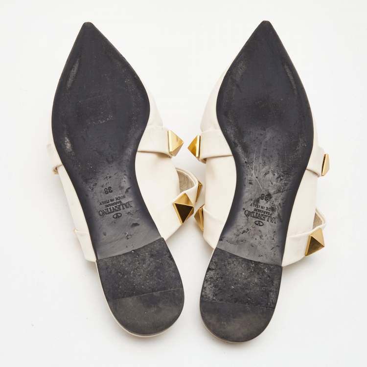 Pre Owned Valentino Cream Leather Roman Stud Flat Mules Size 38