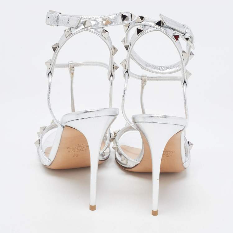 Pre Owned Valentino Silver Leather Rockstud Ankle Strap Sandals Size 36