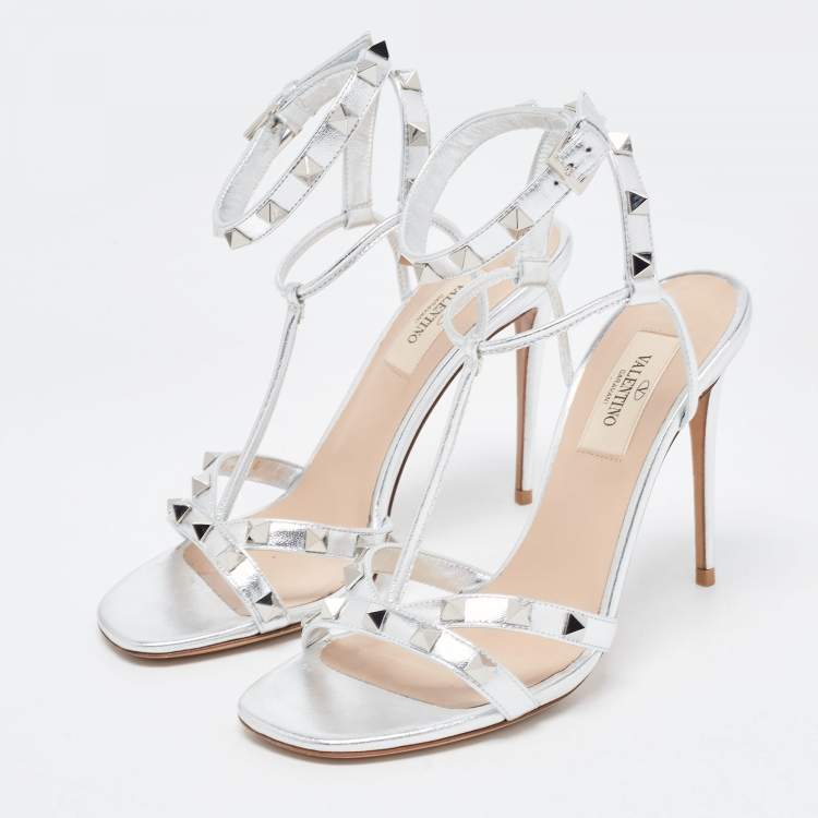 Pre Owned Valentino Silver Leather Rockstud Ankle Strap Sandals Size 36