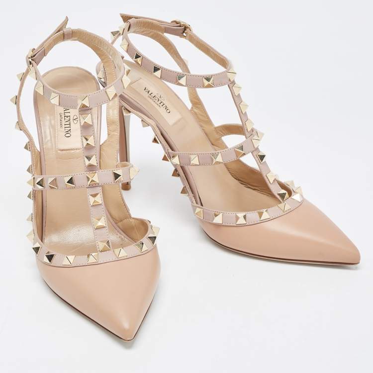 Pre Owned Valentino Beige Leather Rockstud Ankle Strap Pumps Size 39.5